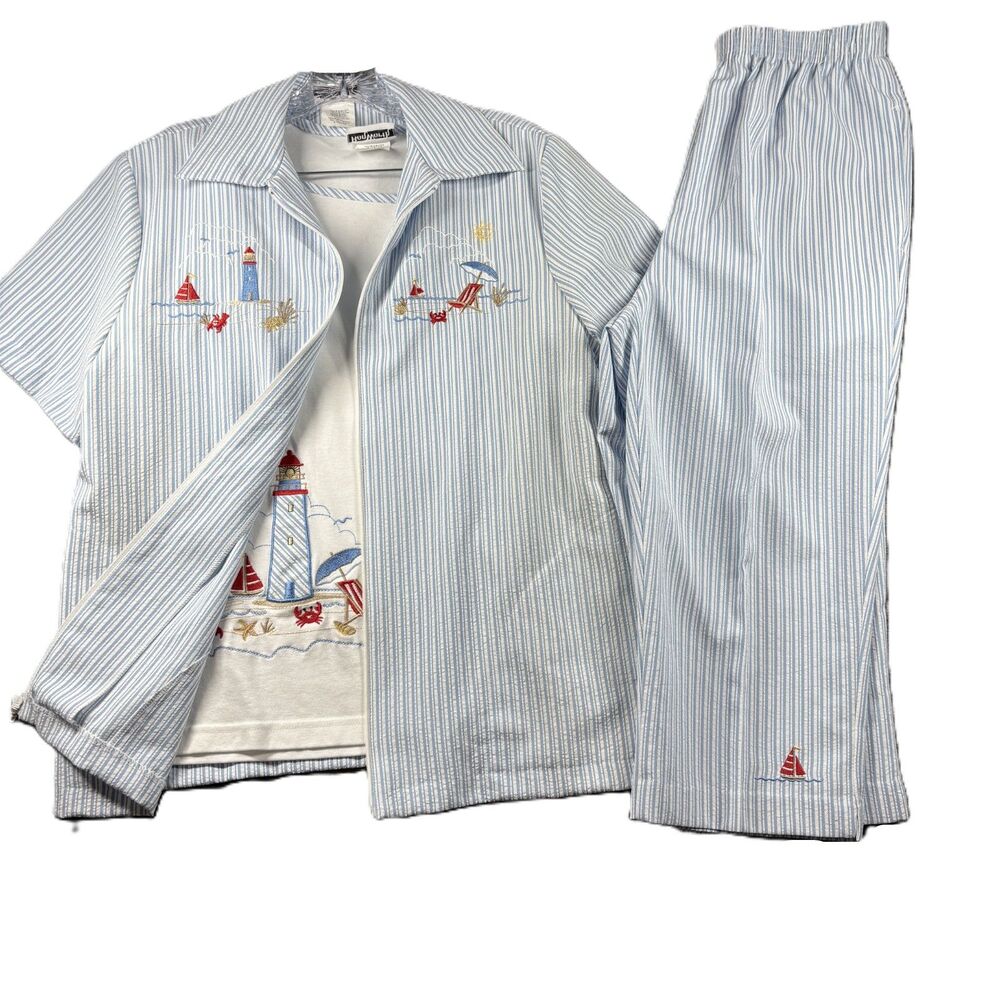 Bon Worth Women 3 Piece Outfit Pants Top Beach Lighthouse Nautical Small Q181